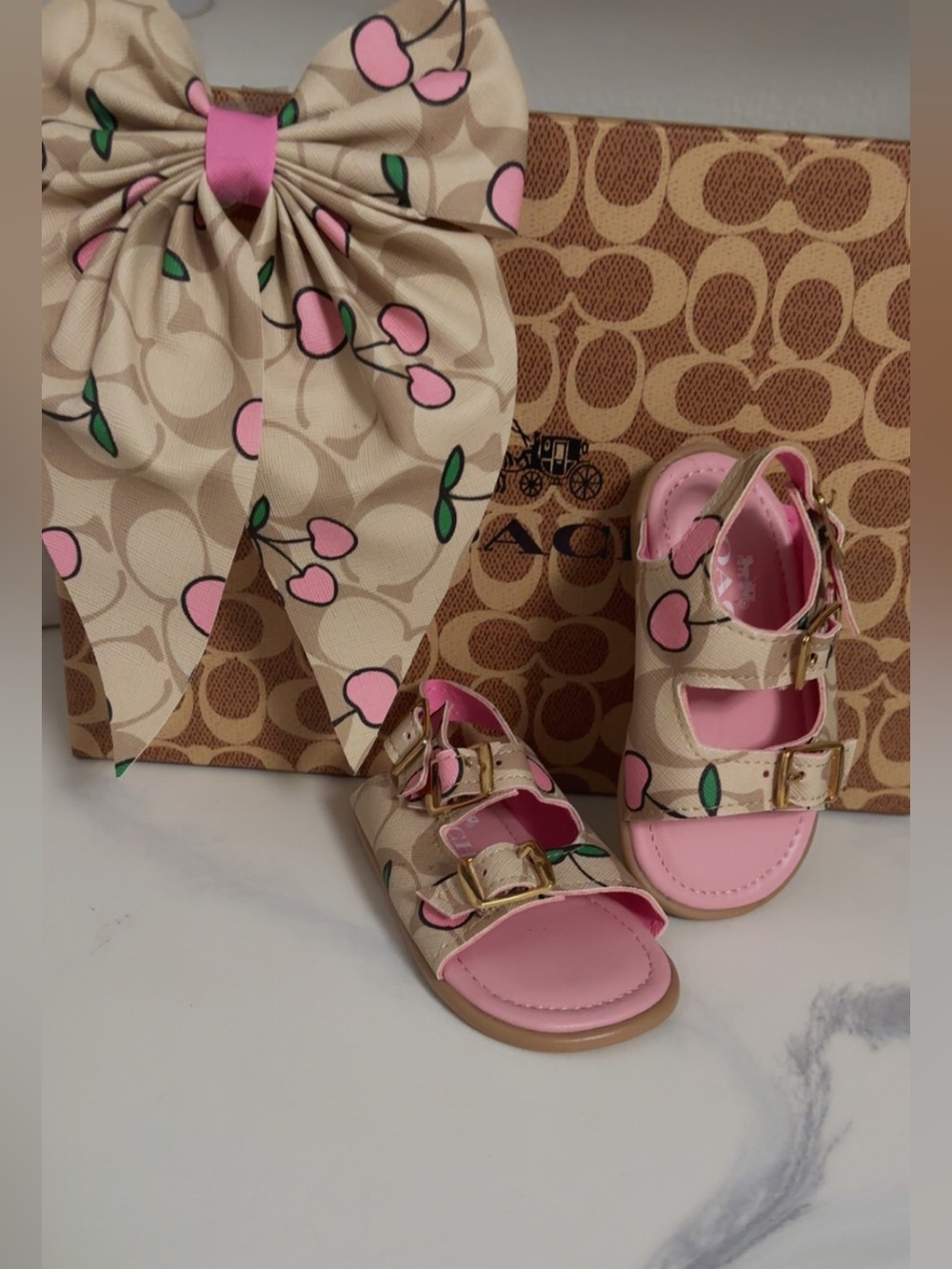 Beige Cherry Print Girls' Sandals with Pink Insoles